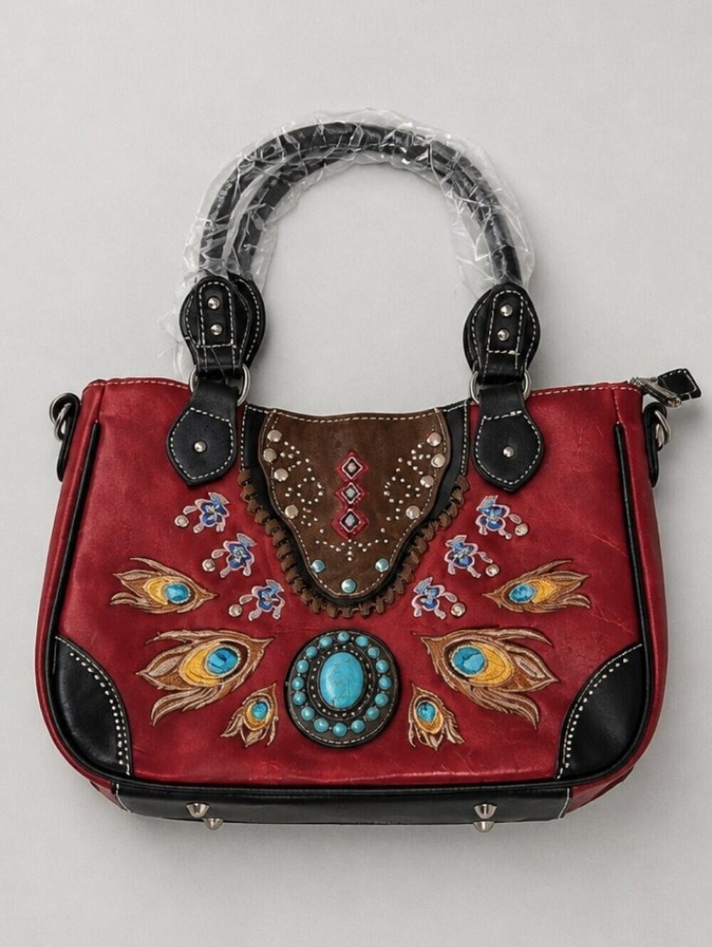 Red Embroidered Turquoise Accent Satchel Handbag - Picture 3 of 7